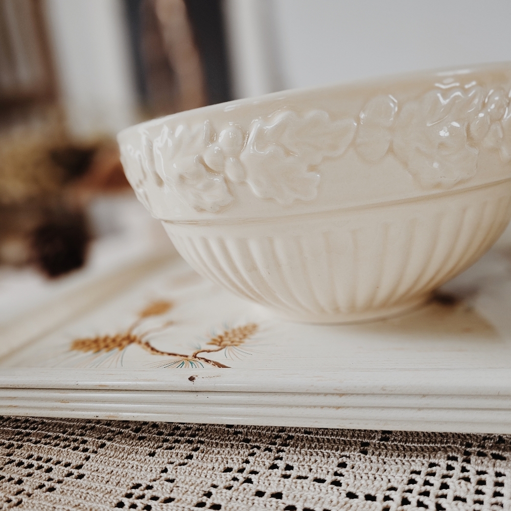 Old Embossed Ribbed Pottery Mixing Bowl
